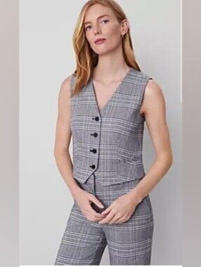 ANN TAYLOR Glen Plaid Tailored Suit Vest Black & Gray Linen Blend Size 8 Classic